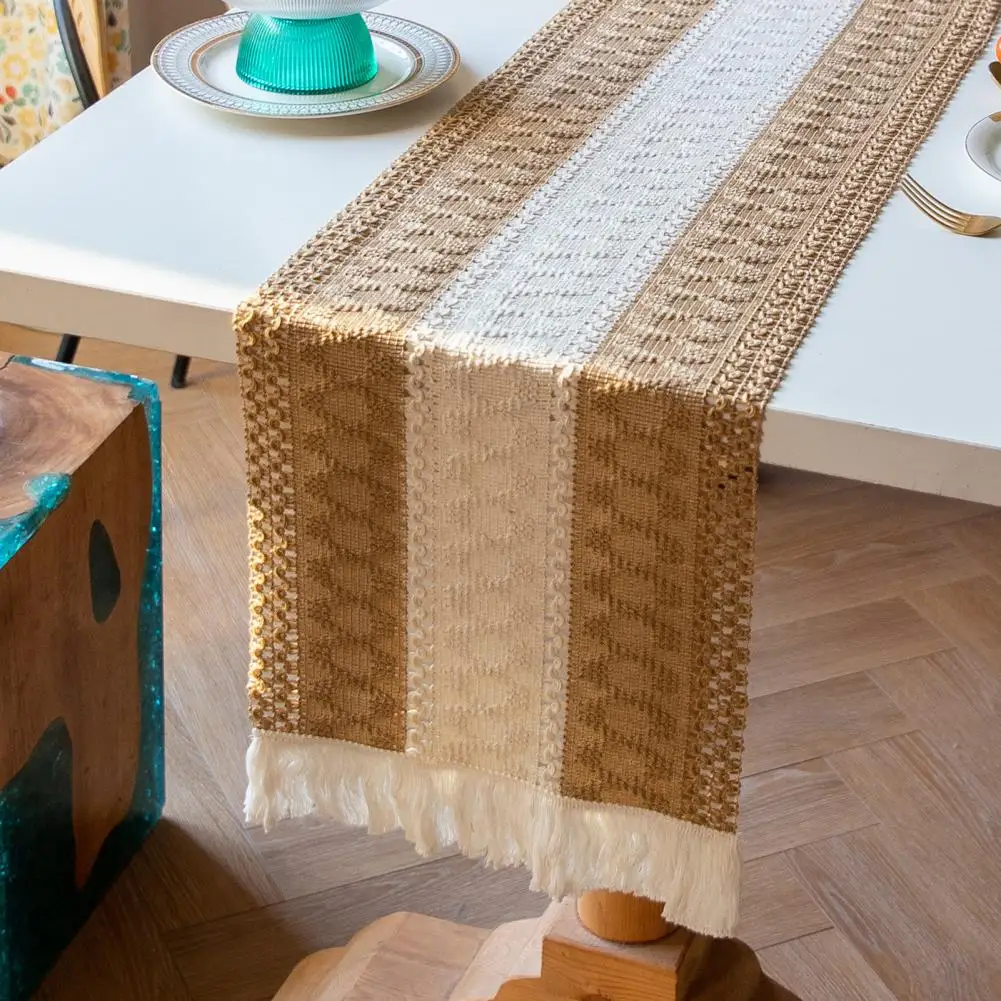 Soft Long-lasting Table Runner Hollow Design Table Runner with Tassels Farmhouse Chic Dining Table Cloth for Boho Bridal Shower