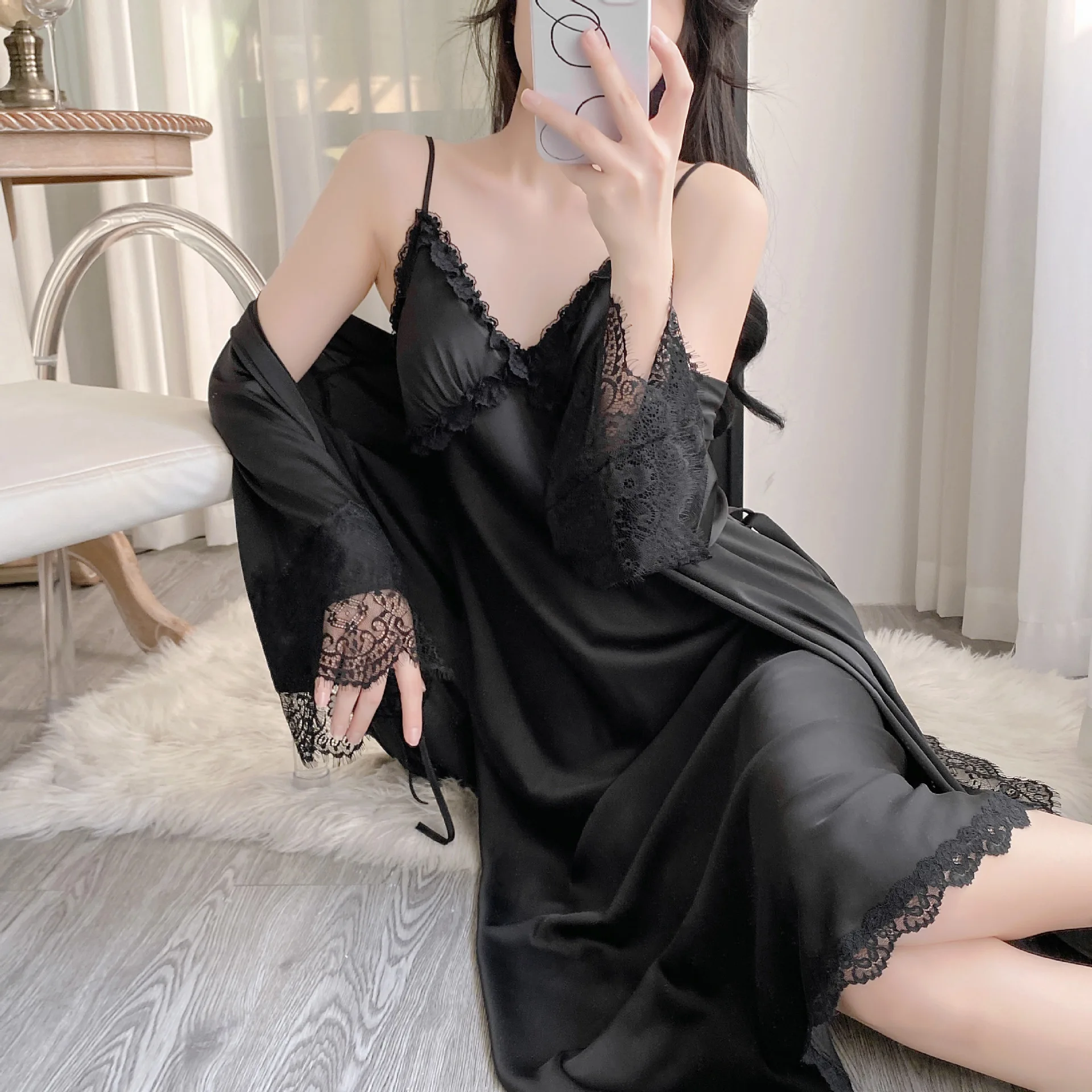 

2PCS Spring Summer Night Robe Suit Women Lace Bathrobe Sleepwear Set Kimono Gown Homewear Satin Nightwear Sleepwear Loungewear