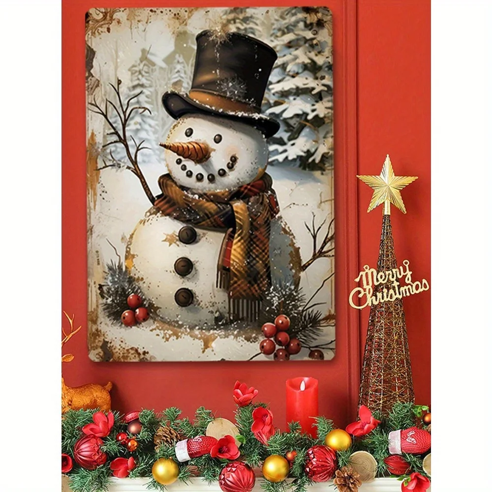 Christmas Snowman Tin Painting Suitable for Home Restaurant Bar Coffee Shop Wall Decor - Vintage Style Seasonal Sign 8x12inch