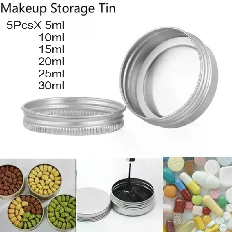 Aluminum Mini Round Tin Metal Container Bottles Storage Jar Screw Lid Box Silver Empty Cosmetic Cream Lip Balm Jar Pot Case 5Pcs