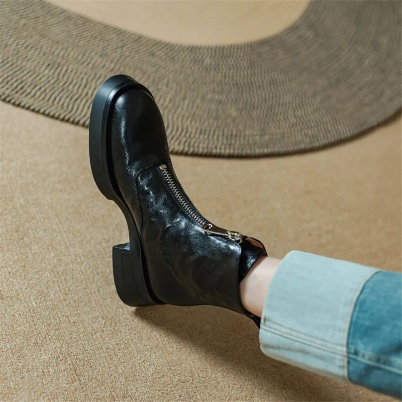 2023 Autumn Genuine Leather Platform Women Boots Round Toe Chunky Heel Boots for Women Winter Fashion Ankle Boots Women Shoes image 2