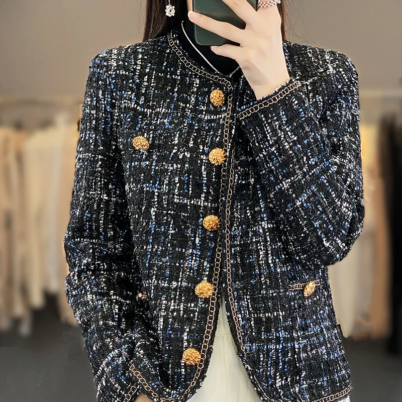 Autumn Winter Women Round Neck Woolen Coat Women Fashion Casual Knitted Cardigan Chic Button Short Tweed Soft Jacket