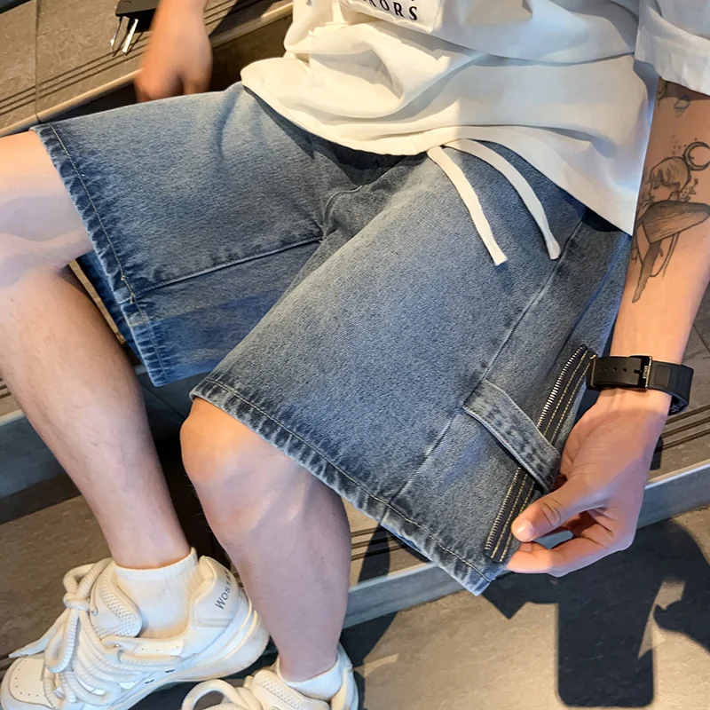 Zipper Patchwork  Jeans Shorts Men Harajuku Streetwear Denim Shorts Hip Hop Summer Casual Loose Straight Shorts Clay Yellow