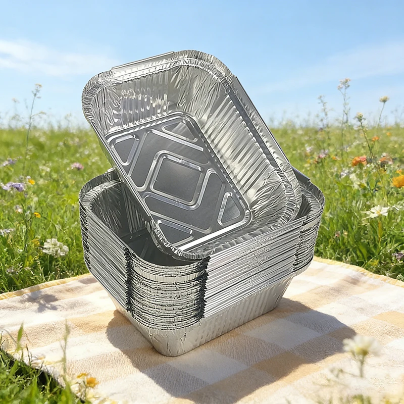

10pcs Pack Rectangular Aluminum Foil Takeout Box 410ml Disposable Silver BBQ Baking Container Heat Resistance Food Trays