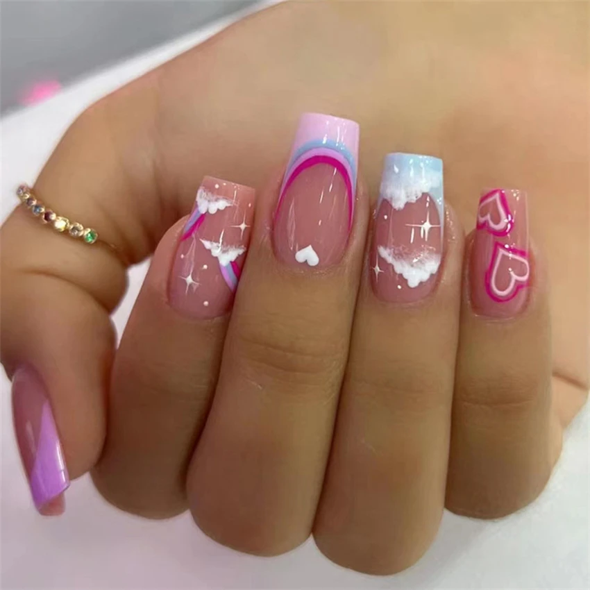 24 Stks/set Wolken Regenboog Liefde Hart Stok Druk Op Nagel Verwijderbare Volledige Dekking Met Valse Nagels Korte Franse Nep Nail Tips