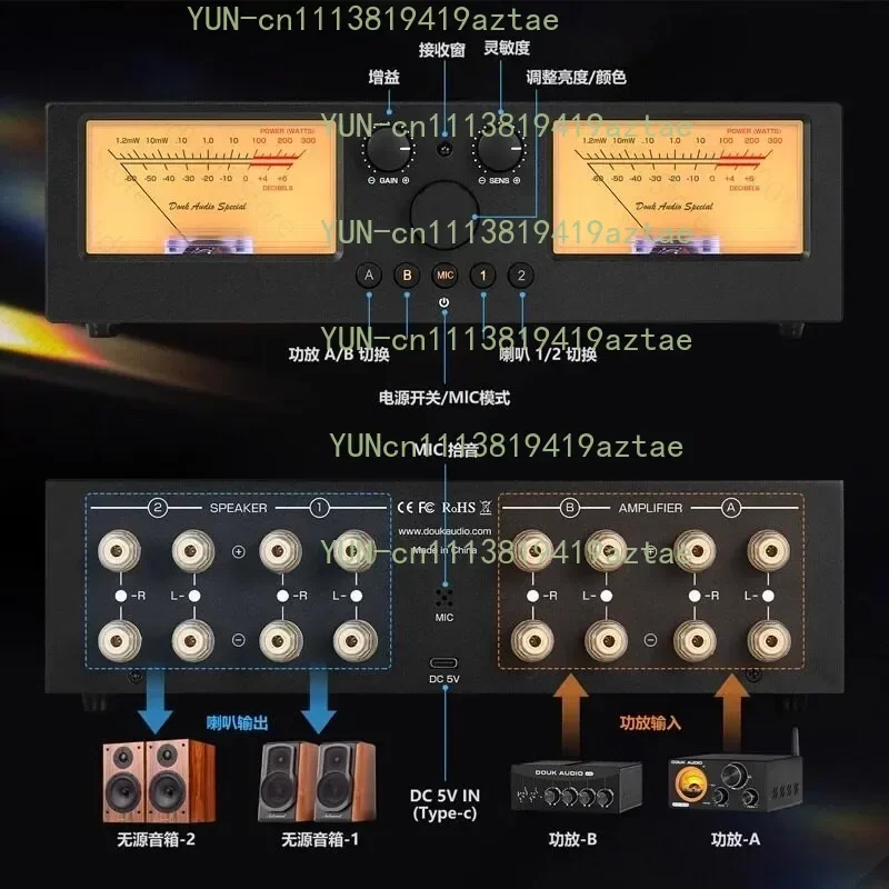 Amplifier/Speaker Manager Select Switcher Audio Speaker Splitter Retro VU Level Meter