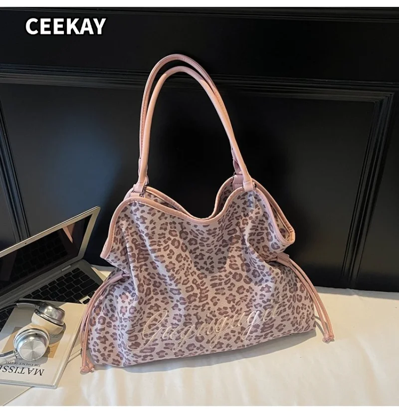 CEEKAY Women's Tote Bag Light Pink Leopard Print Large Shoulder Handbag Letter Embroidery Drawstring Detail Daily Casual Sweet - view 3