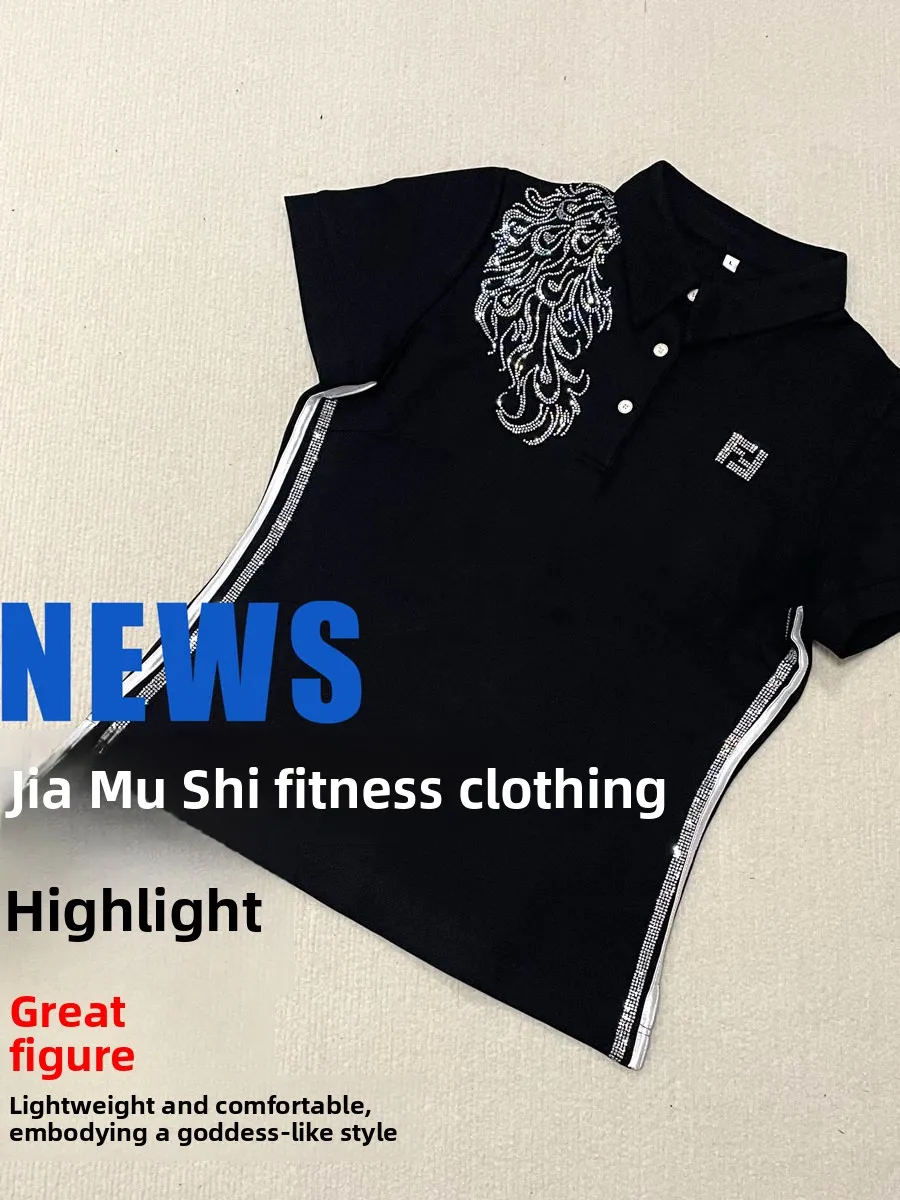 black-peacock-short-sleeve-top-roman-cotton-fitness-square-dance-shirt-women's-slim-fit-pure-cotton-performance-wear
