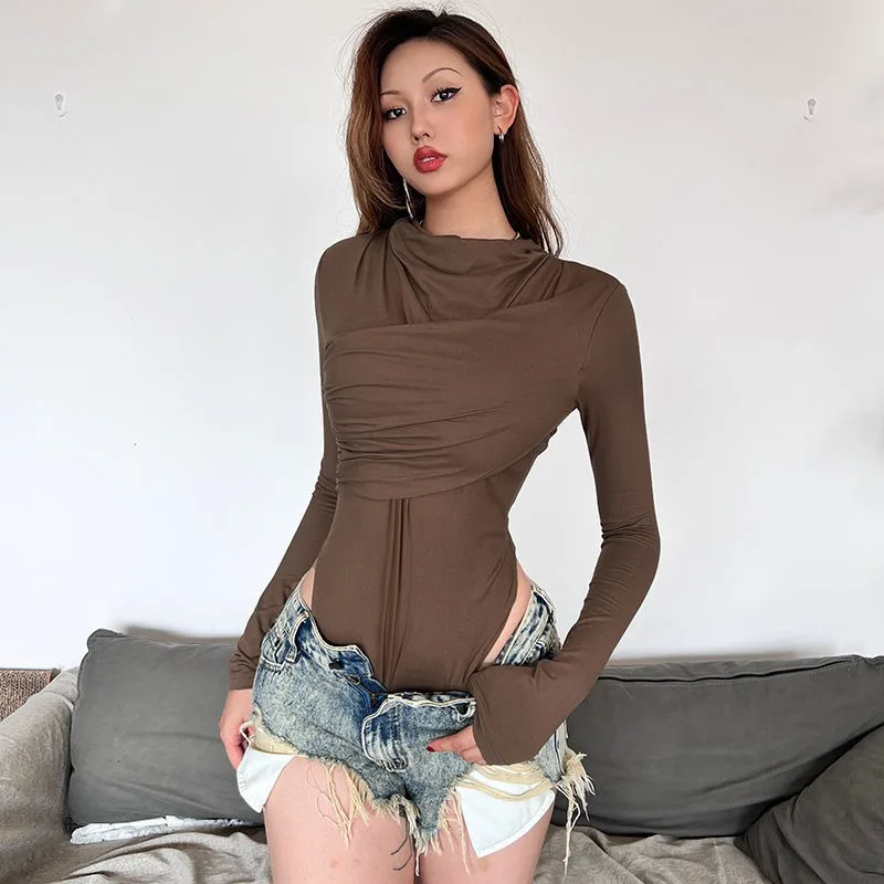 レディース新作ステッチパイルカラースリムフィットホットガール長袖トップス無地プリーツジャンプスーツ