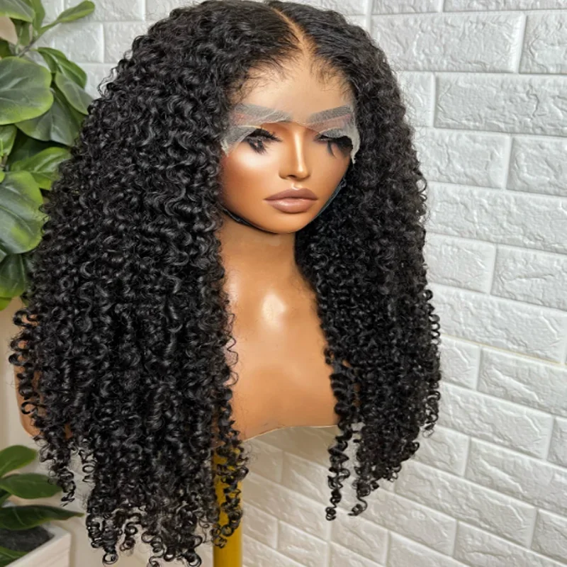 

Natural Black Soft 26Inch Long Kinky Curly Glueless 180% Density Deep Lace Frontal Wig For Black Women Babyhair Preplucked Daily