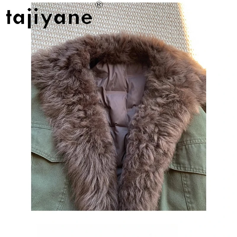 Tajiyane معطف فرو صوف الغنم الطبيعي توسكانا للنساء متوسط الطول سترة باركر بيضاء من ريش الإوز ملابس نسائية شتوية 2025 شوروبا