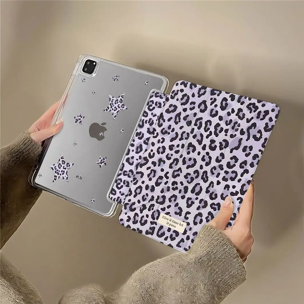 Purple Leopard Print Star Y-Shaped Triple Fold For iPad 2025 Protective Cover For iPad Pro 2022 12.9in Air7 10th 11th M4 M5 Case