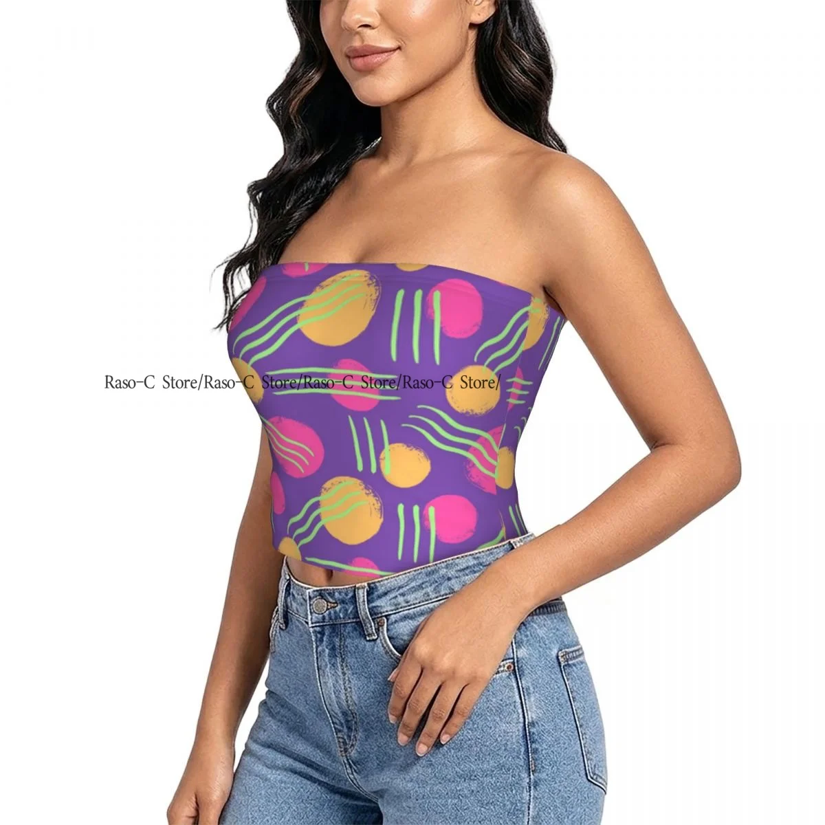 Women Shirt Summer Strapless Backless Tops Abstract Circles Lines Sleeveless Vest