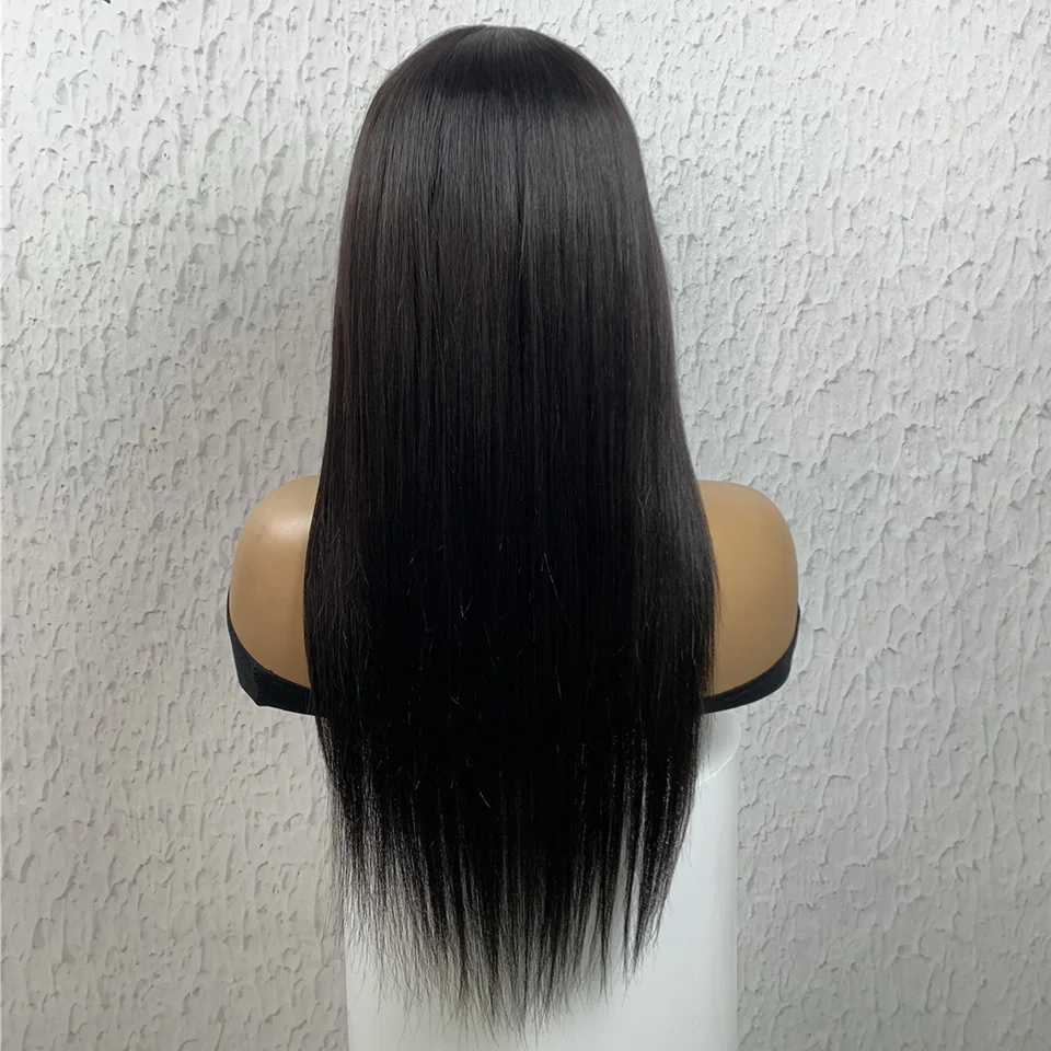 Fake Scalp Straight Human Hair Wigs with Bangs Glueless Human Hair Wigs 180% Density Fringe Wig Natural Color