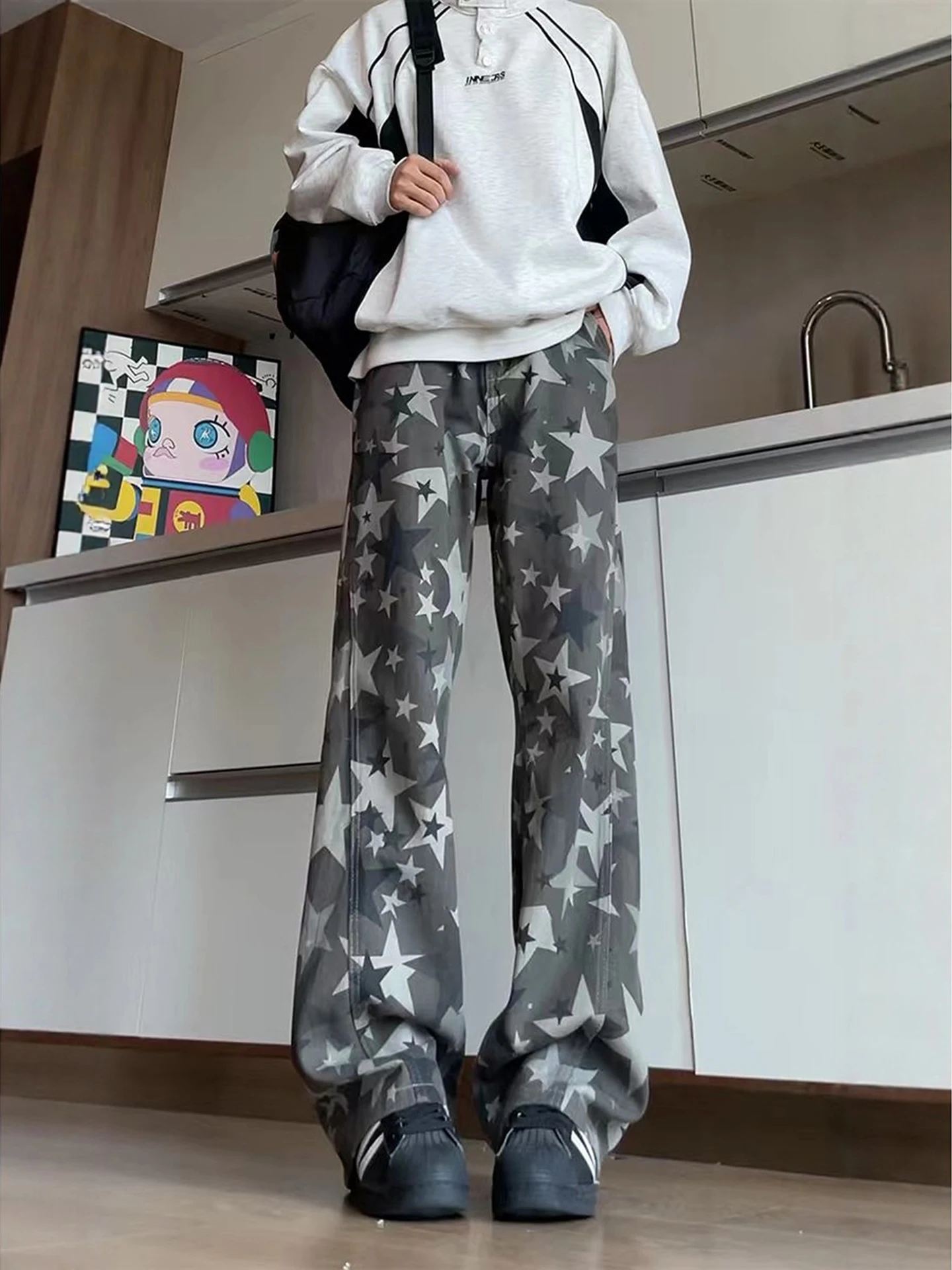 

Stars Tie Dye Camouflage Men's Jeans High Street American Sle Straight Leg Extended Length Pants Casual Youth Faion