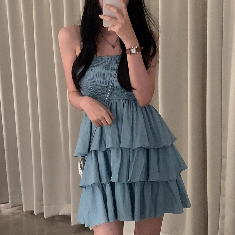 シックなレトロワンショルダー弾性痩身ソリッドカラースプライスケーキスカートスタイルの女性のドレス韓国ハイウエストショートスカート