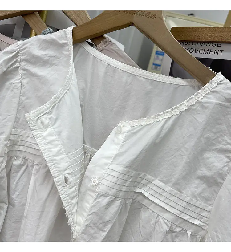 여름 한국 순수 코튼 레이스 스플 라이스 랜턴 슬리브 여성용 연령 감소 탑을위한 반팔 셔츠 새로운 다목적 셔츠