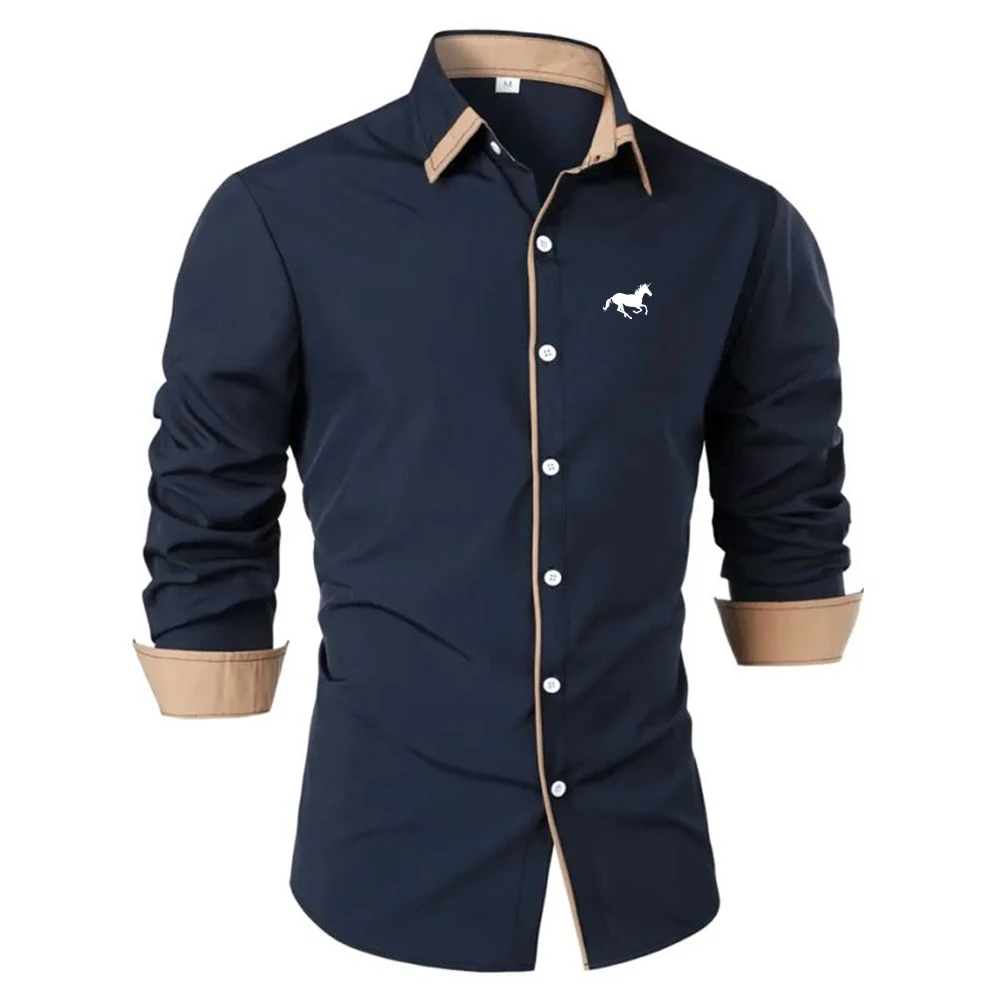 Men's Stylish Long Sleeve Shirt with Contrast Inner Collar and Cuff Trim Featuring a Subtle Printed Horse Logo on Chest Shirts