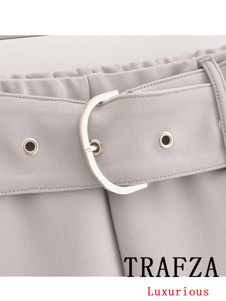 TRAFZA Vintage Casual Chic Women Suit Solid Halter Short Slim Vest Long Straight Belt Pants New Fashion 2024 Autumn Holiday Sets