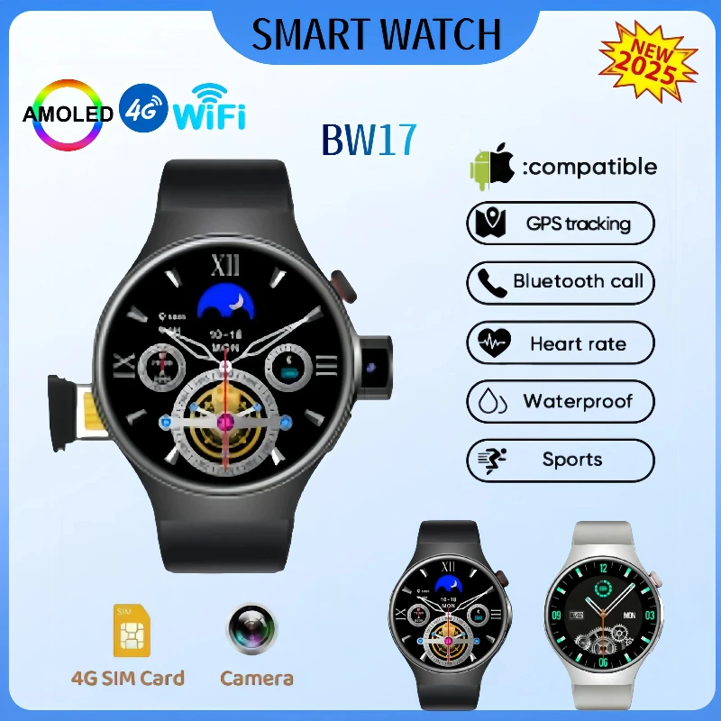 2025 جديد BW17 Smartwatch 4G شبكة WiFi GPS أندرويد IOS 1.5 بوصة شاشة جوجل بلاي عداد الخطى النوم المقتفي دعم بطاقة SIM