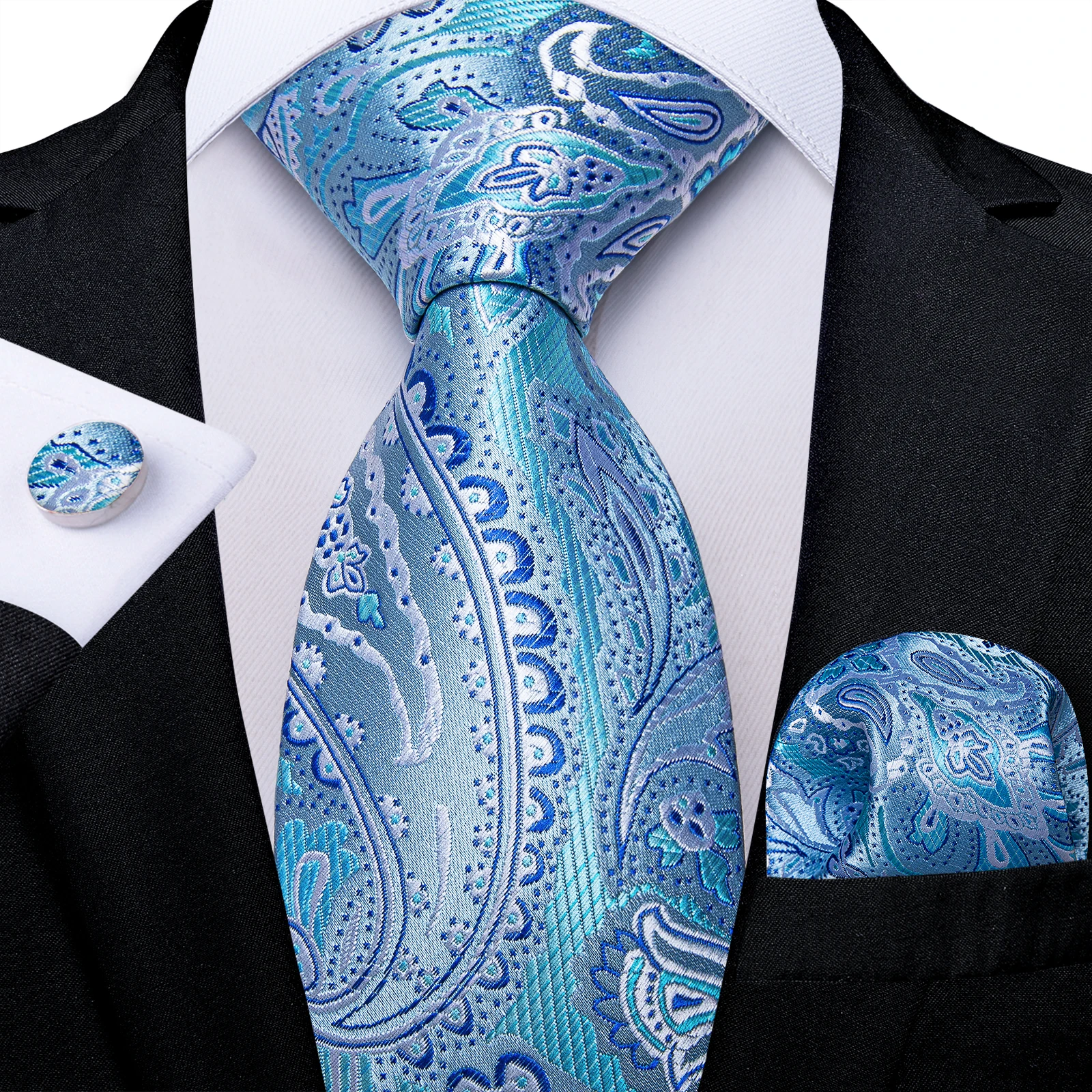 

2023 Luxury Light Blue Paisley 100% Silk Men's Wedding Party 8cm Tie Set Handkerchief Cufflinks Gift for Father Dropshipping