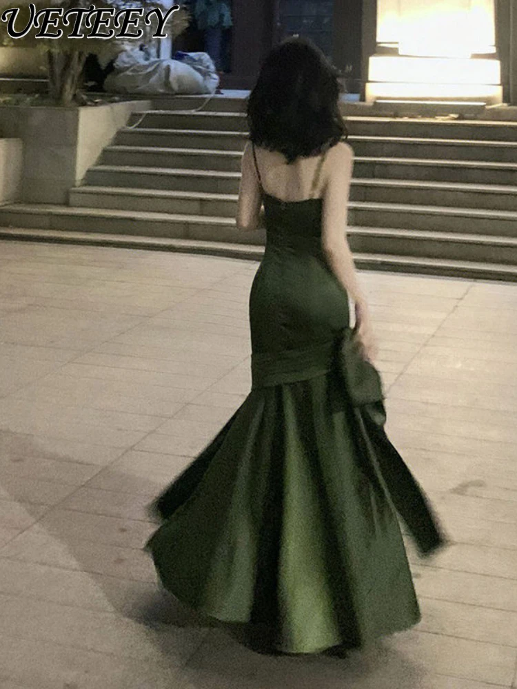 Le bretelle Sexy senza schienale verde stile francese vestono le donne 2023 primavera/estate Design abiti a coda di pesce vestito da banchetto del partito Vestidos