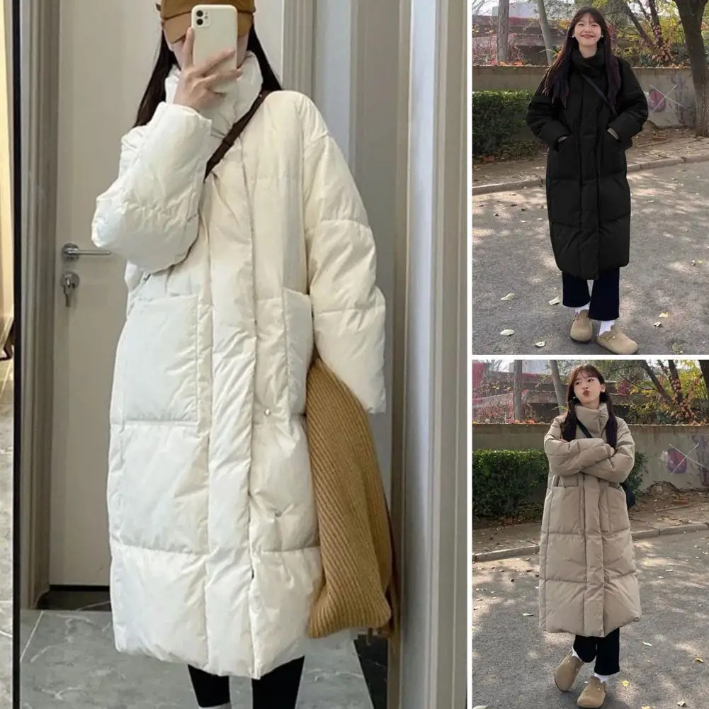 

Women Coat Windproof Knee-length Down Coat with Stand Collar Pockets Zipper Closure for Weather Outwear Thickened Padded Heat