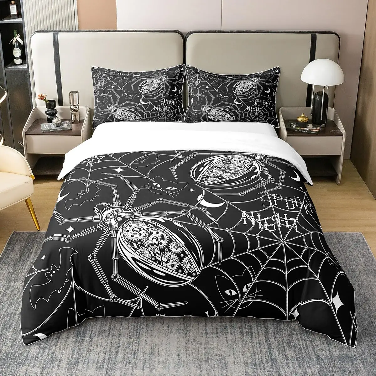 Black Halloween Duvet Cover Set for Girls Boys Kids Full Size Ghost Comforter Room Decor Spider Web Bedding Set Duvet Set 3PCS