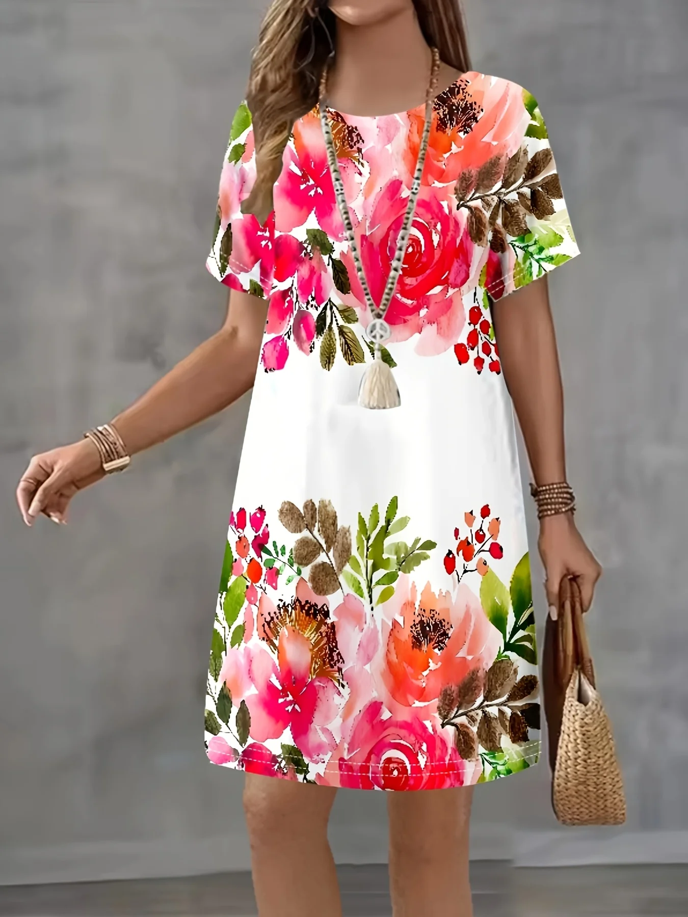 Damen Bohemian Blumendruck A-Linie Kleid mit kurzen Ärmeln Lebhaftes mehrfarbiges Blumenmuster Damenbekleidung Freizeitkleid Y2K