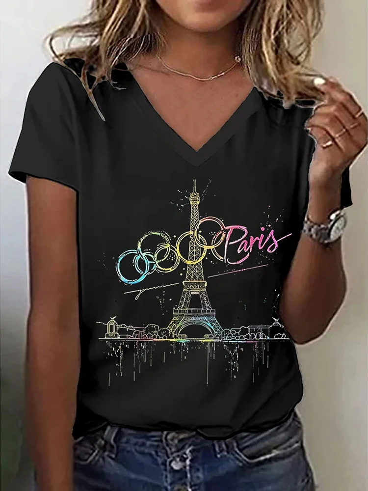 

Paris Eiffel Tower Print Summer Fashion New Women's T-shirts Romanticism Short Sleeves Tees Casual Loose Street Female Clothing