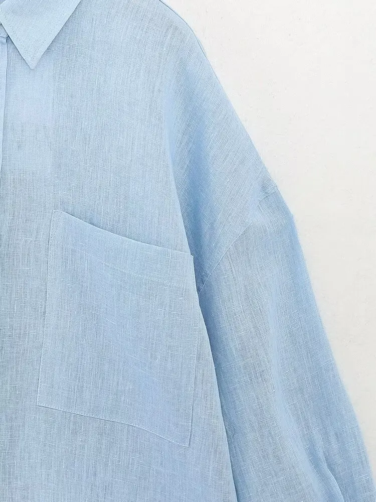 Pakaian Wanita 2025 Fashion Blus Rami Vintage Lengan Panjang Berkancing Blus Atasan Blusas