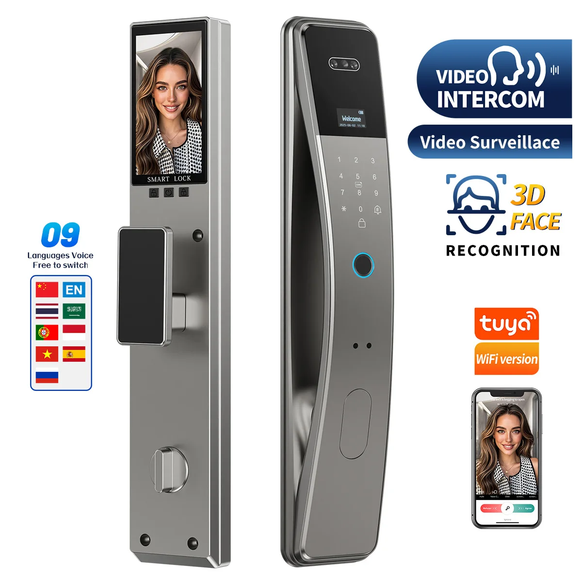 Visual Intercom Biometric Fingerprint Smart Lock, Facial Recognition Digital Lock Compatible with Tuya WiFi