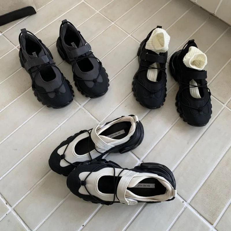 Chaussures Mary Jane sportives à plateforme épaisse pour femmes, baskets décontractées à lacets croisés et sangle Velcro réglable bicolore