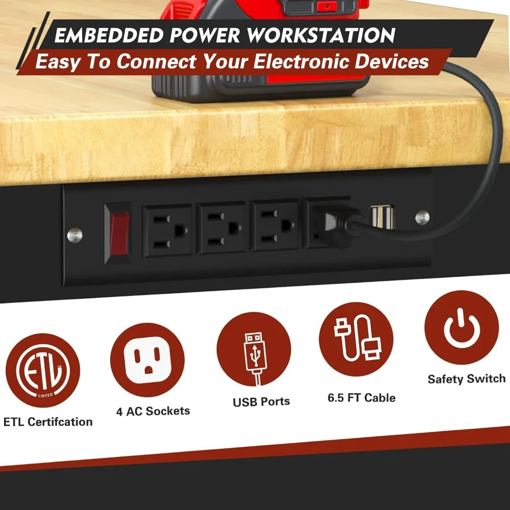 منضدة عمل شديدة التحمل قابلة للتعديل مع أدراج، ومنضدة عمل خشبية متدحرجة تتميز بمنافذ طاقة وسعة تحميل 2000 رطل للداخل