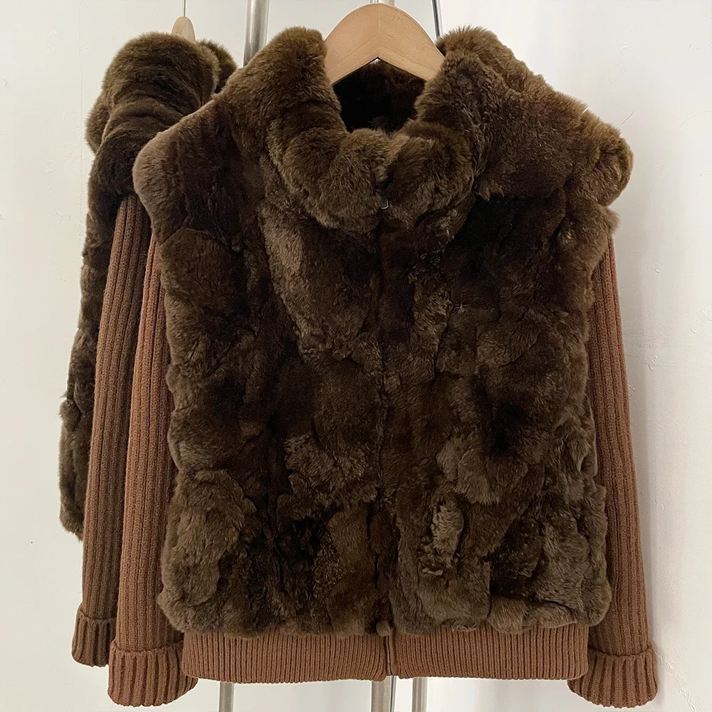 Women's Premium Fur Jacket Soft Cardigan for Women Smooth Real Fur Coat with Rabbit Fur Collar Warm Thick Fur Street Style