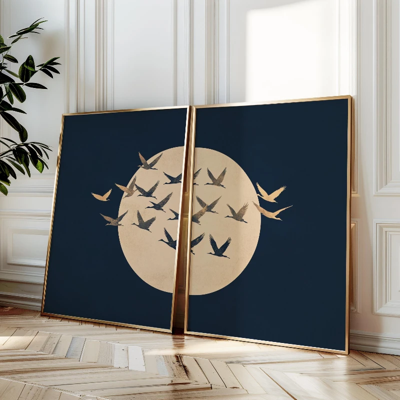 2pcs frameless Canvas Painting 2PC Flying Cranes Wall Art Japandi Style Print, Blue Gold Moon Decor, Elegant Gallery Wall Art, R