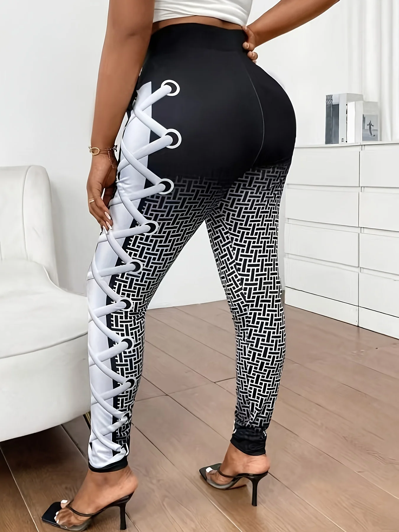 Women Lace‑Up Spliced Geometric Gradient Print Fleece Lined Leggings Mid Waist High Stretch Casual Pants
