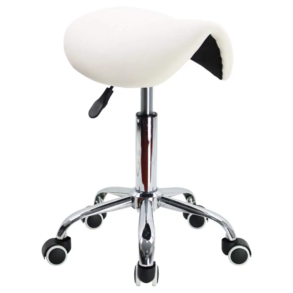 

White Ergonomic Height Adjustable Bar Chair Salon SPA Stool Chair Swivel Rolling Office Stool Saddle Stool