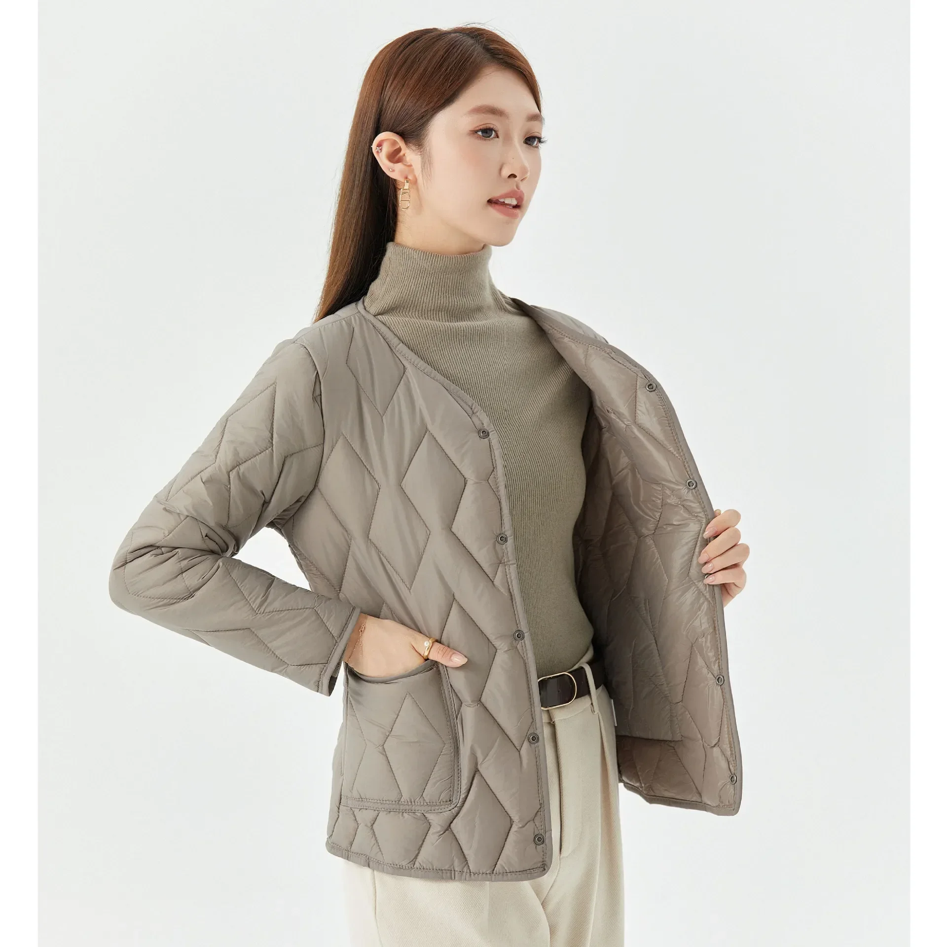 Autumn and Winter New Thin Warm Long-sleeved Cotton Jacket, Women's Solid Color Casual Single-breasted Padded Coat with Fleece