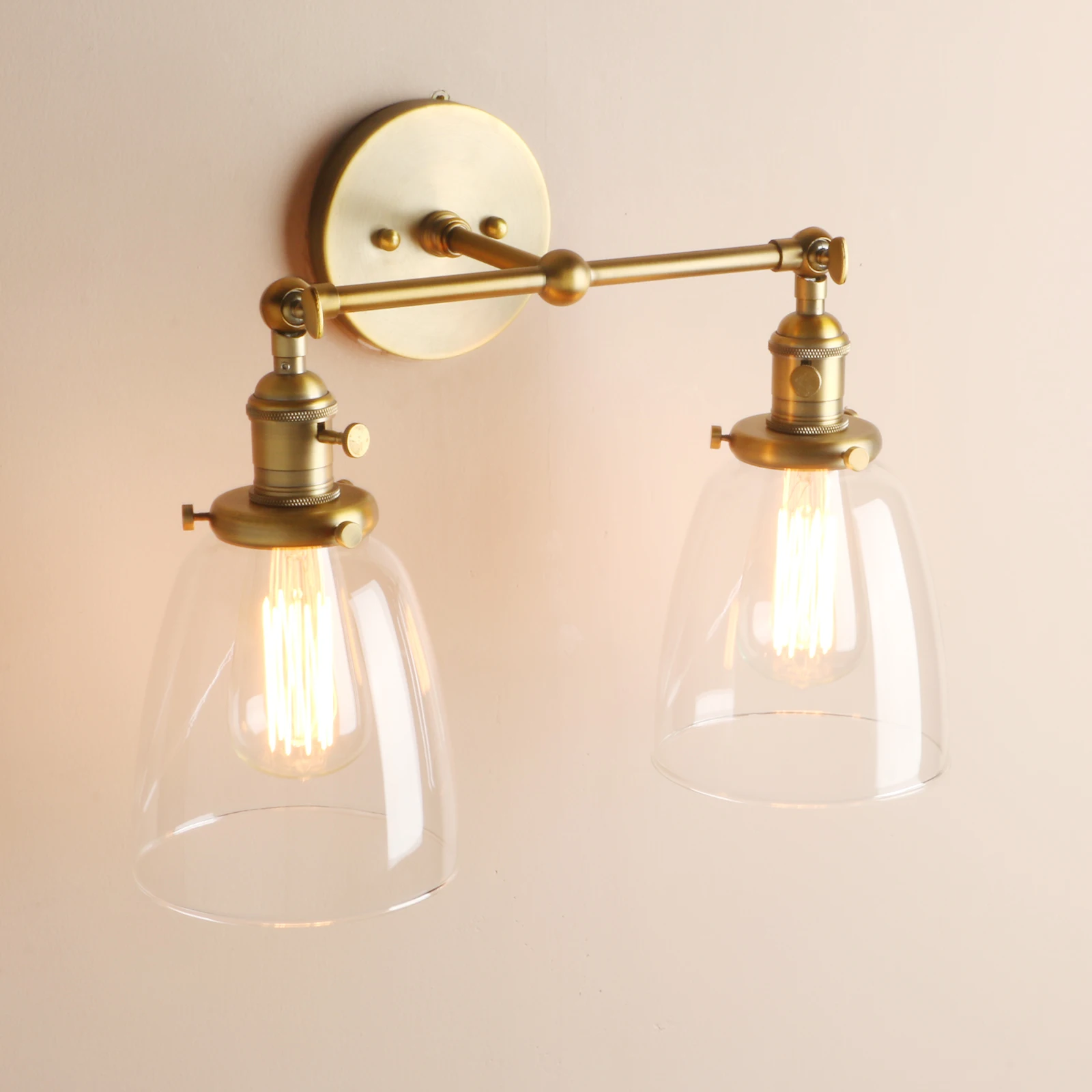 Phansthy Double Sconce Vintage Industrial Antique 2-Lights Wall Sconces with Oval Cone Clear Glass Shade