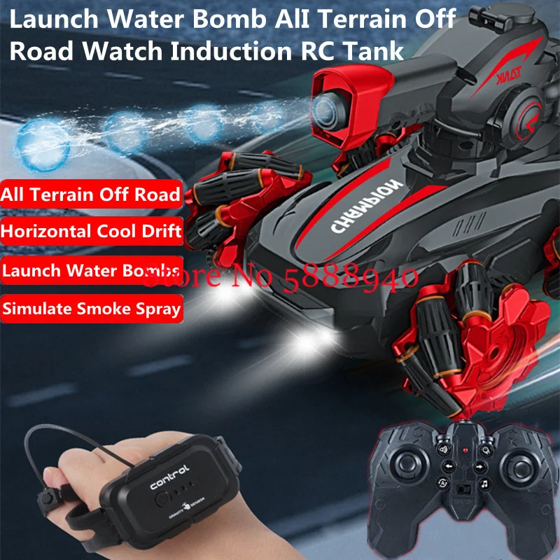 Gesture Sensing Smoke Spray Launch Water Bomb Remote Control Tank 2.4G 360° Stunt Rotation All Terrain Off-Road RC Tank Kids Toy