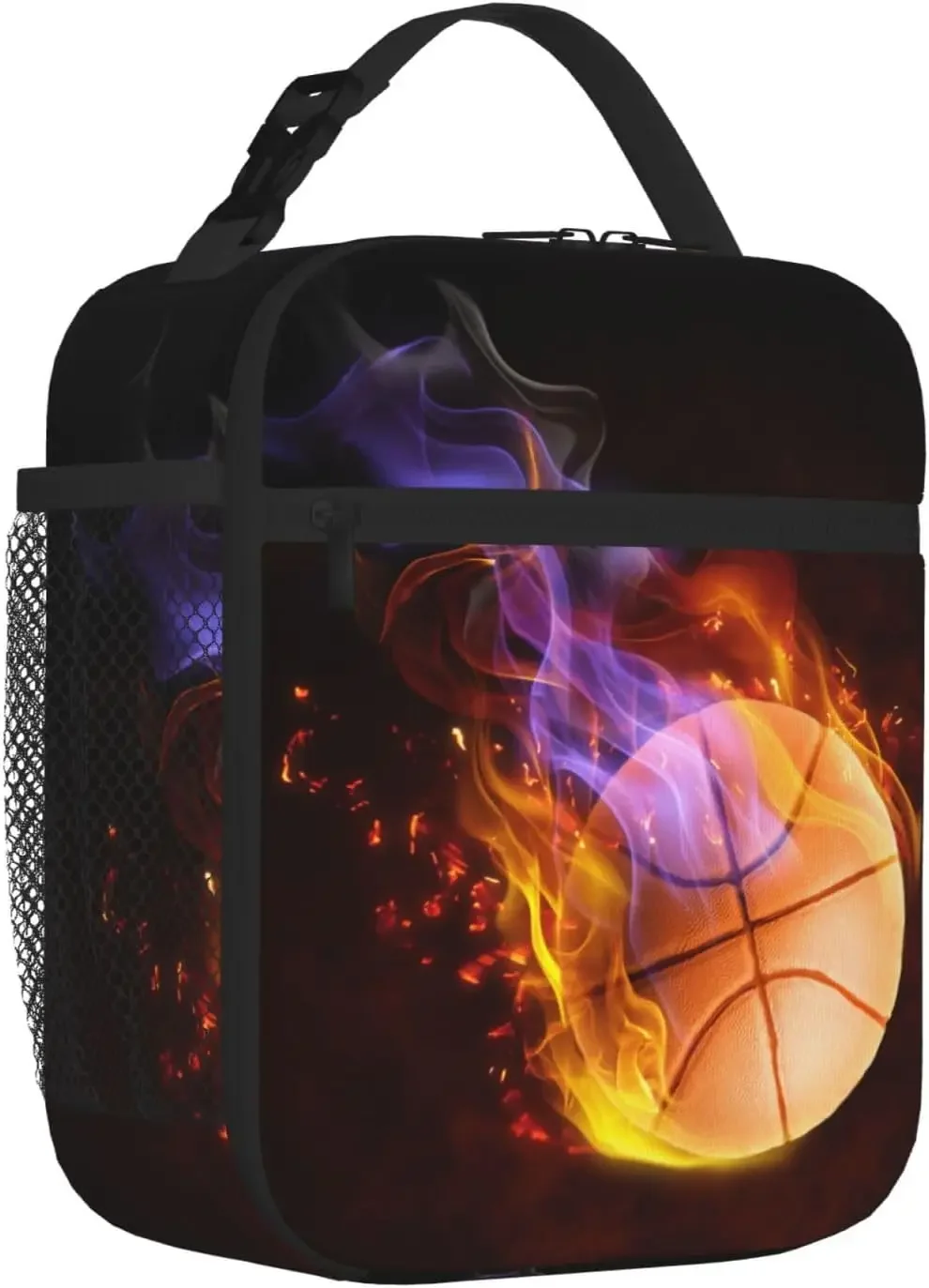 Basketball Lunch Box with Fire Pattern, Sports-themed Lunch Bag for Kids Teens Adults Boys Men, Insulated Leakproof Waterproof