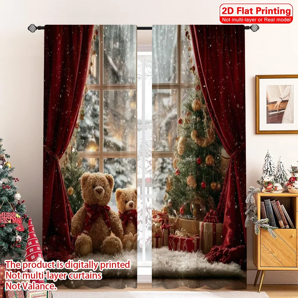 

2pcs 2D flat printing Merry Christmas Popular Curtains Christmas holiday Versatile Fabric Without Electricity Holiday