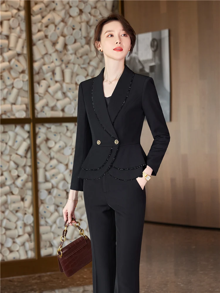 Women\'s pants suit Spring Autumn Office Ladies Elegant Blazer Trousers 2 Pieces of Sets Female Wine Red  Trouser Suits