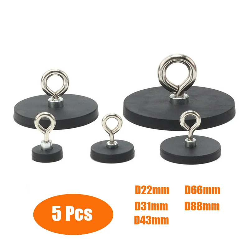 5Pcs D22mm D31mm D43mm D66mm D88mm Round Rubber-Coated Magnet Hook Strong Neodymium Magnets Fishing Rubber Coated Hooks