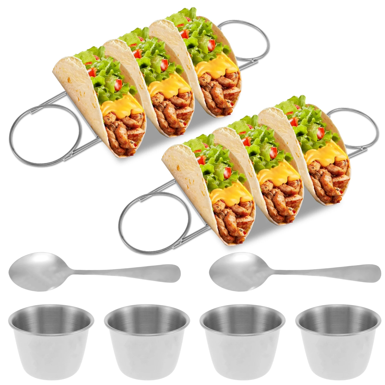 8Pcs Taco Stand with Spoon Salad Cup Stainless Steel Taco Holder Set Rustproof Taco Rack Set Burritos Tortilla Cooling Stand