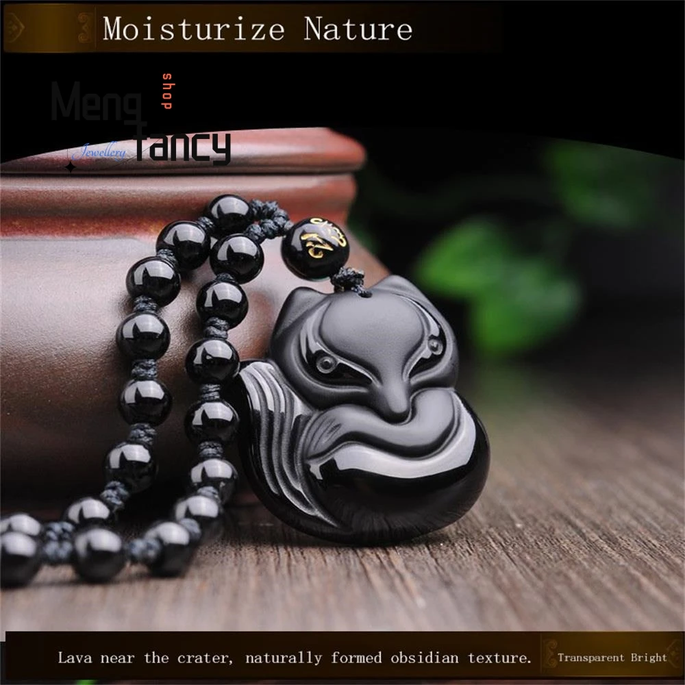 

Natural Black Obsidian Carving Fox Amulet Customized Pendant Fashion Luxury Mascots Souvenir Birthday Gifts Men Women Necklace