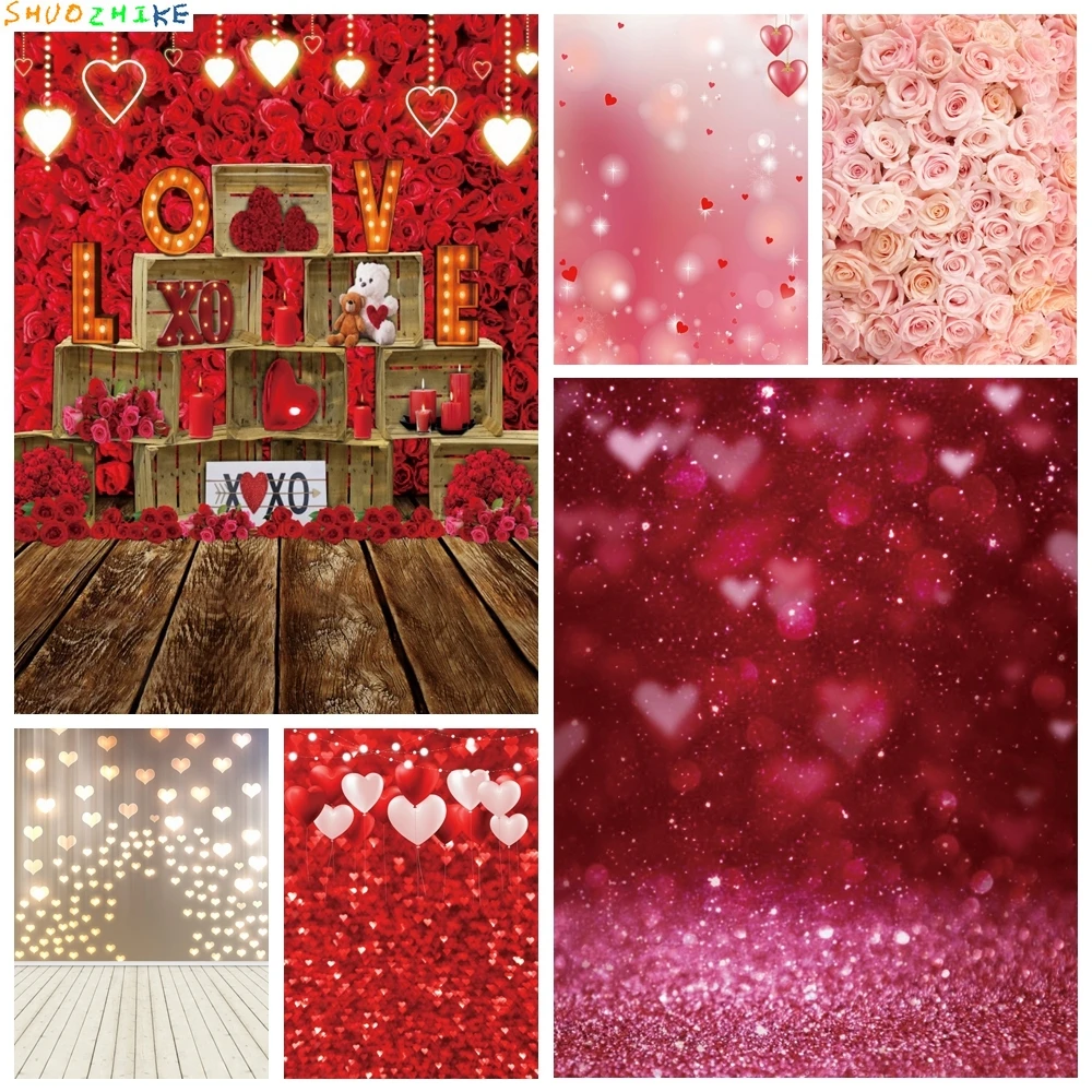 

February 14 Valentine's Day Backdrop Photography Red Rose Love Heart Glitter Light Bokeh Floral Wedding Portrait Background