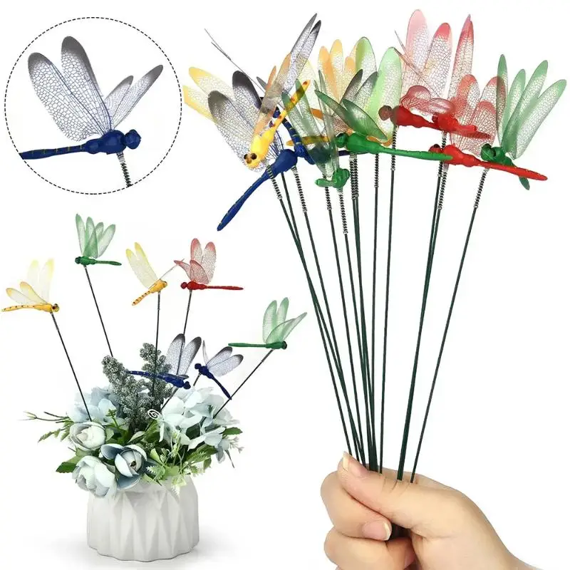 5/10pcs Colorful 3D Dragonfly Decor Realistic Waterproof Yard Ornament for Outdoor Planter Flower Arrangement Patio