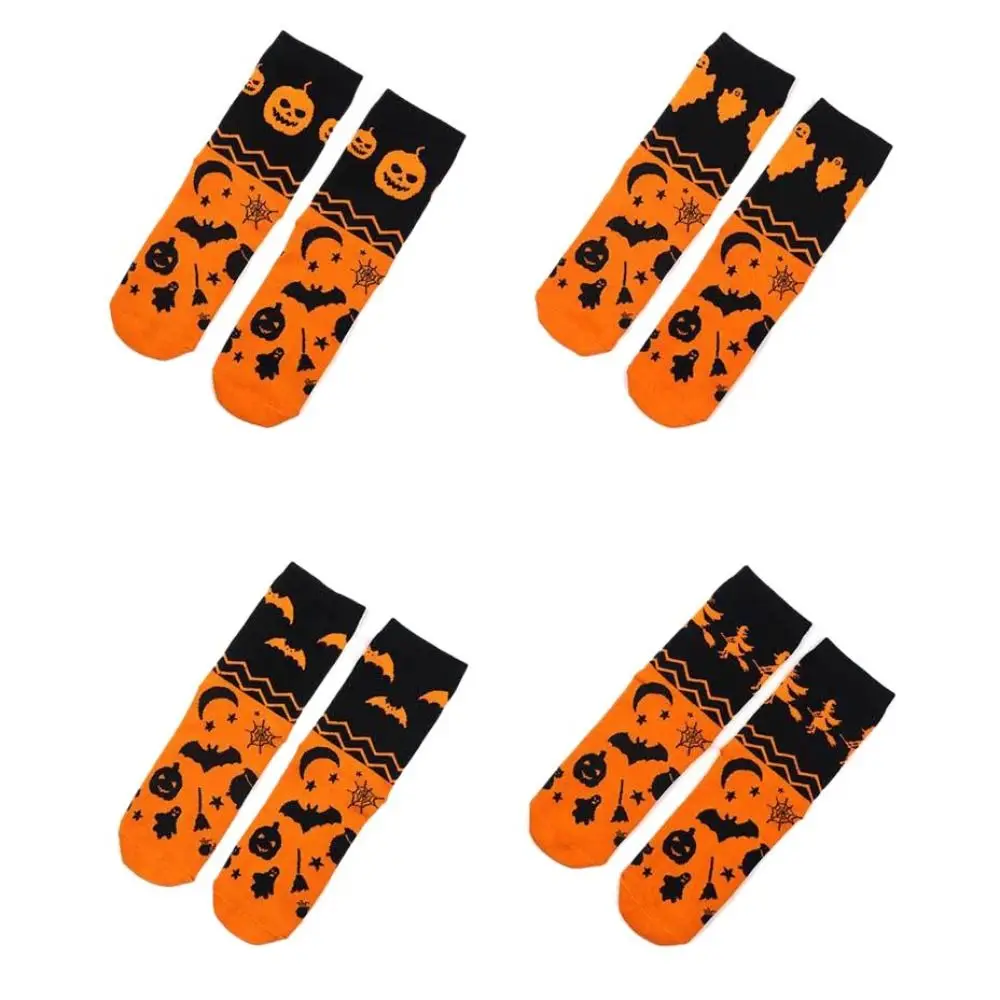 2Pairs Soft Ghost Halloween Socks Bat Pumpkin Tube Socks Funny Stripe Mid-Calf Stockings Party